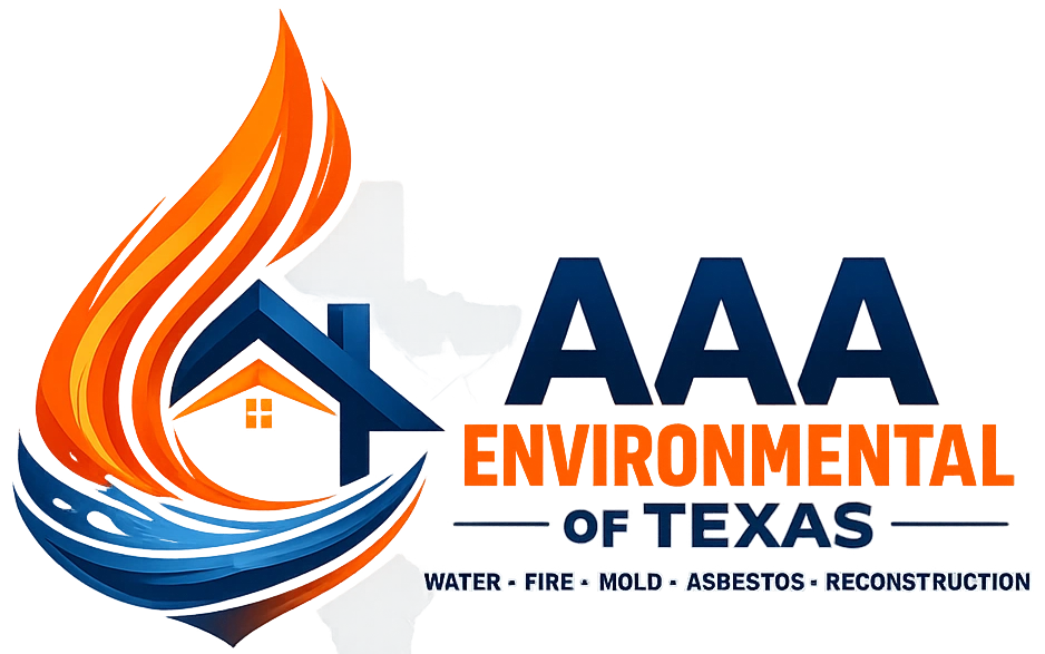 Logo with a house inside a flame and water swirl, next to text: AAA Environmental of Texas. Water, Fire, Mold, Asbestos, Reconstruction. Texas state outline is faintly visible in the background.